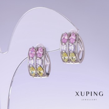 Xuping Earrings with Multicolor Zircons, Length 11mm, Thickness 10mm, Rhodium