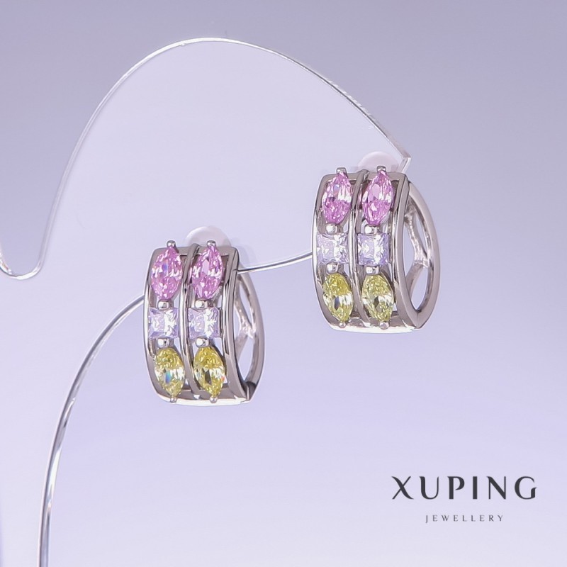 Xuping Earrings with Multicolor Zircons, Length 11mm, Thickness 10mm, Rhodium