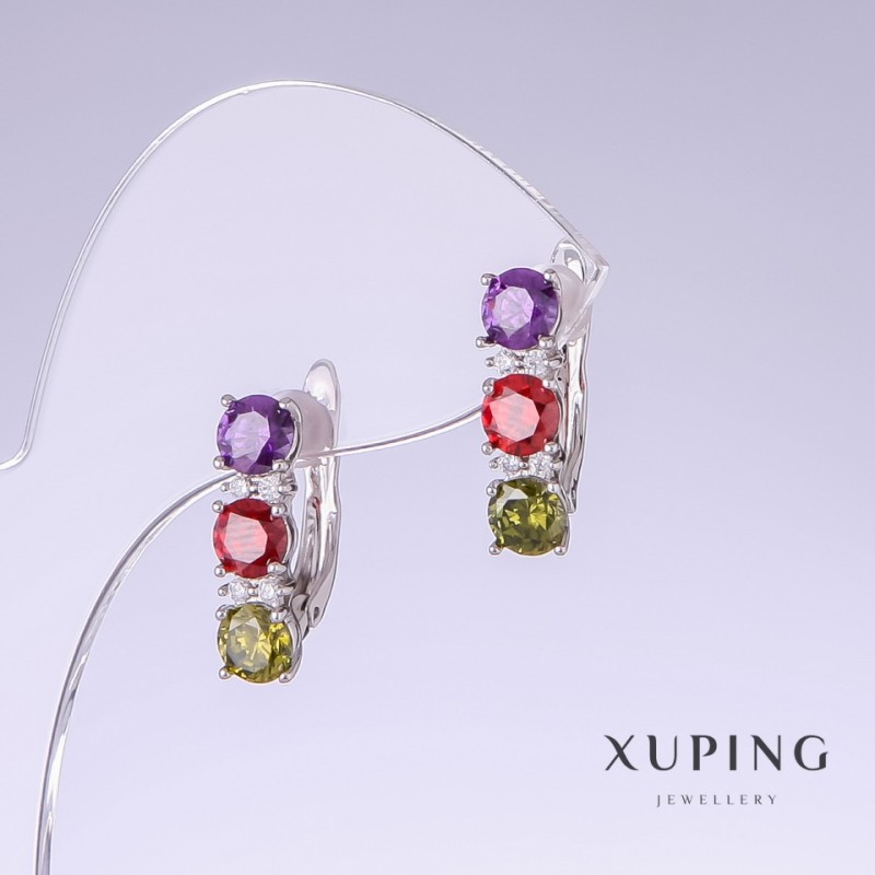 Xuping Earrings with Multicolor Zircons, Length 18mm, Thickness 5mm, Rhodium