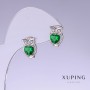 Xuping Owl Earrings with Green Zircons, Length 13mm, Thickness 9mm, Rhodium