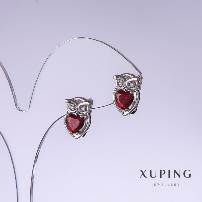 Xuping Owl Earrings with Red Zircons, Length 13mm, Thickness 9mm, Rhodium