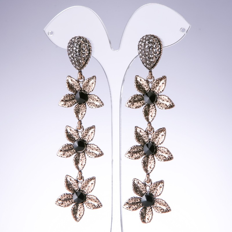 Evening Earrings "Lilies" with Black Crystals in "Antique Gold" Color, Width 25mm, Length 95mm