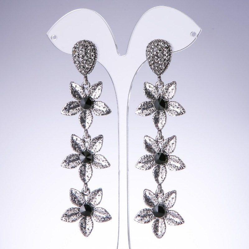Evening Earrings "Lilies" with Black Crystals in "Antique Silver" Color, Width 25mm, Length 95mm