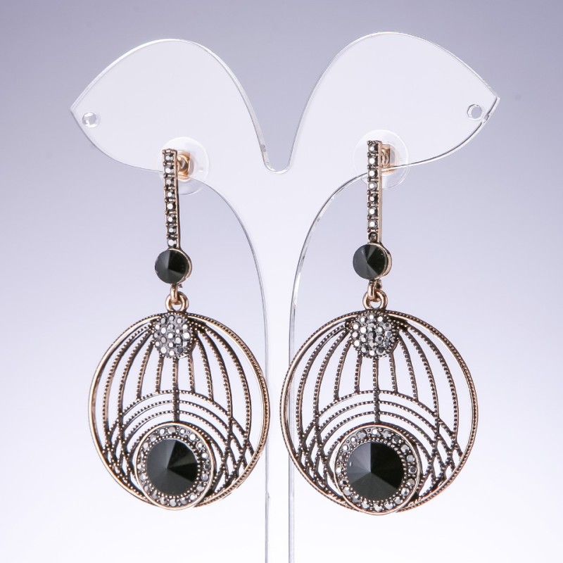 Evening Earrings with Black Crystals in "Antique Gold" Color, Width 35mm, Length 65mm