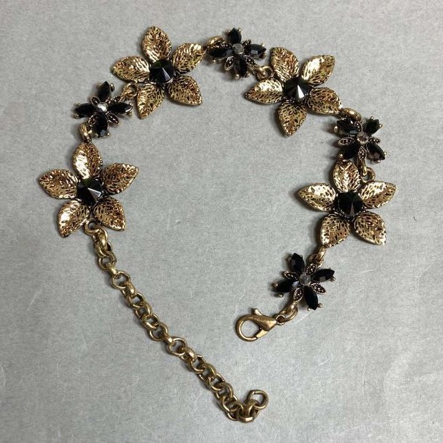 "Lilies" Bracelet with Black Crystals, Dark Gold, Width 25mm, Length 19-25cm
