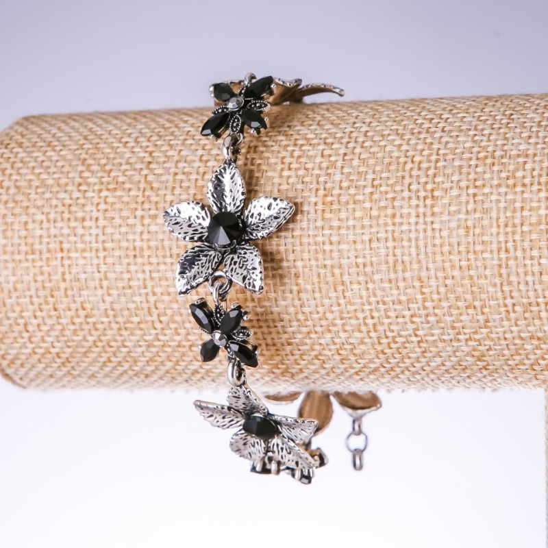 Evening "Lilies" Bracelet with Black Crystals, Antique Silver, Width 25mm, Length 19-25cm