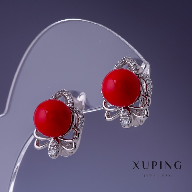 Xuping Earrings with Red Majorica Pearls 17x13mm, Rhodium