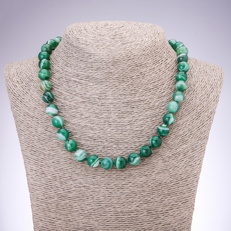Natural Stone Necklace, Eye Agate, Green Smooth Round Beads, Diameter 10mm, Length 45cm