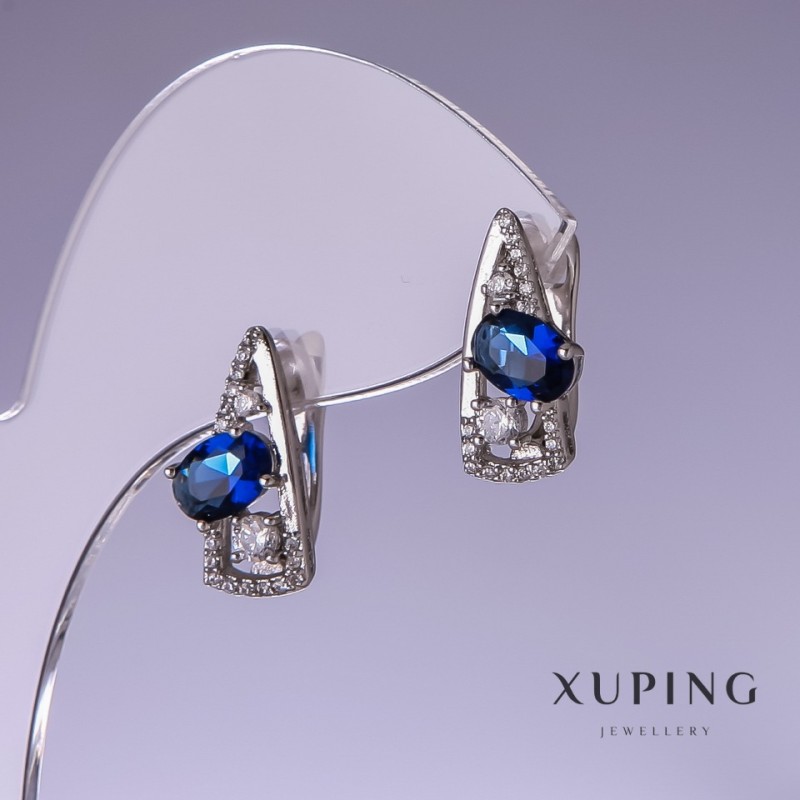Xuping Earrings with Blue Zircons 17x8mm Rhodium