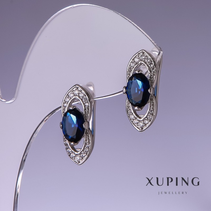 Xuping Earrings with Blue Zircons 19x8mm, Rhodium