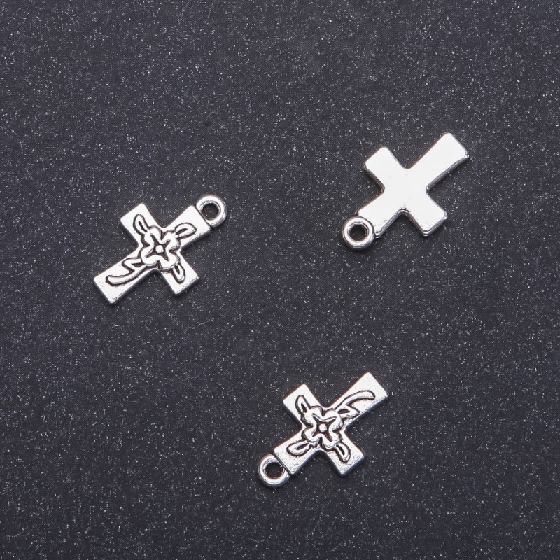 Cross with Flower Pendant Finding, diameter 12mm, length 18mm ID-, diameter 1.8mm, pack of 28 pcs. (+/-)
