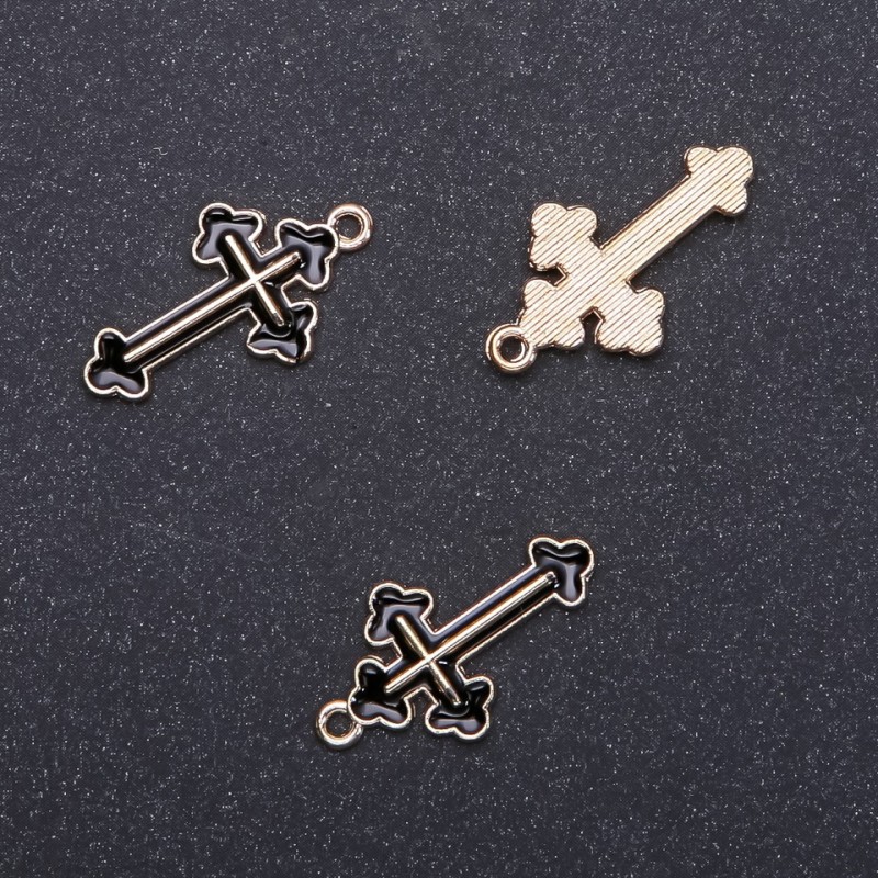 Cross Pendant Finding Black Enamel "Gold", diameter 14mm ID-, diameter 1.7mm, pack of 10 pcs. (+/-)