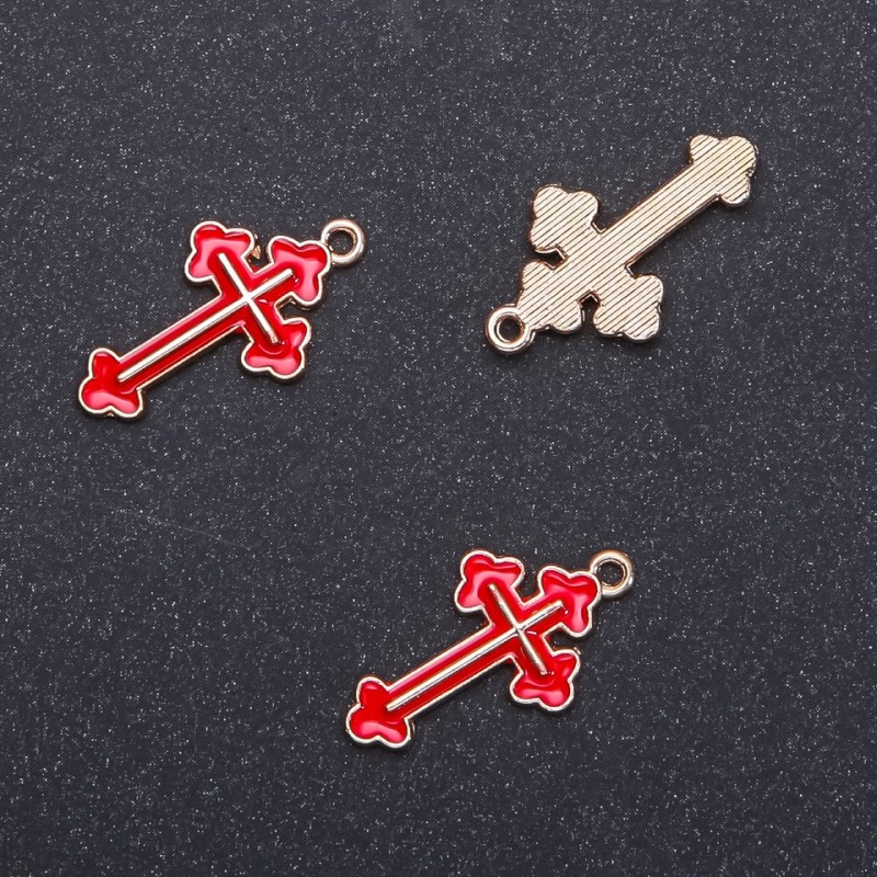 Pendant Finding Cross Red Enamel "Gold", diameter 14mm L26mm ID-, diameter 1.7mm, pack of 10 pcs. (+/-)