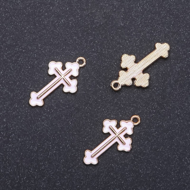 Cross Pendant Charm, White Enamel "Gold", diameter 14mm, length 26mm, hole diameter 1.7mm, pack of 10 pcs (+/-)