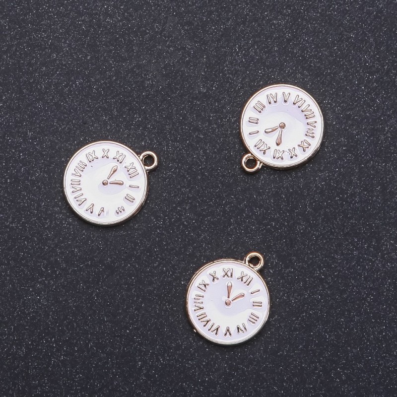Clock Pendant Charm, White Enamel "Gold", diameter 15mm, length 17mm, hole diameter 1.75mm, pack of 8 pcs (+/-)