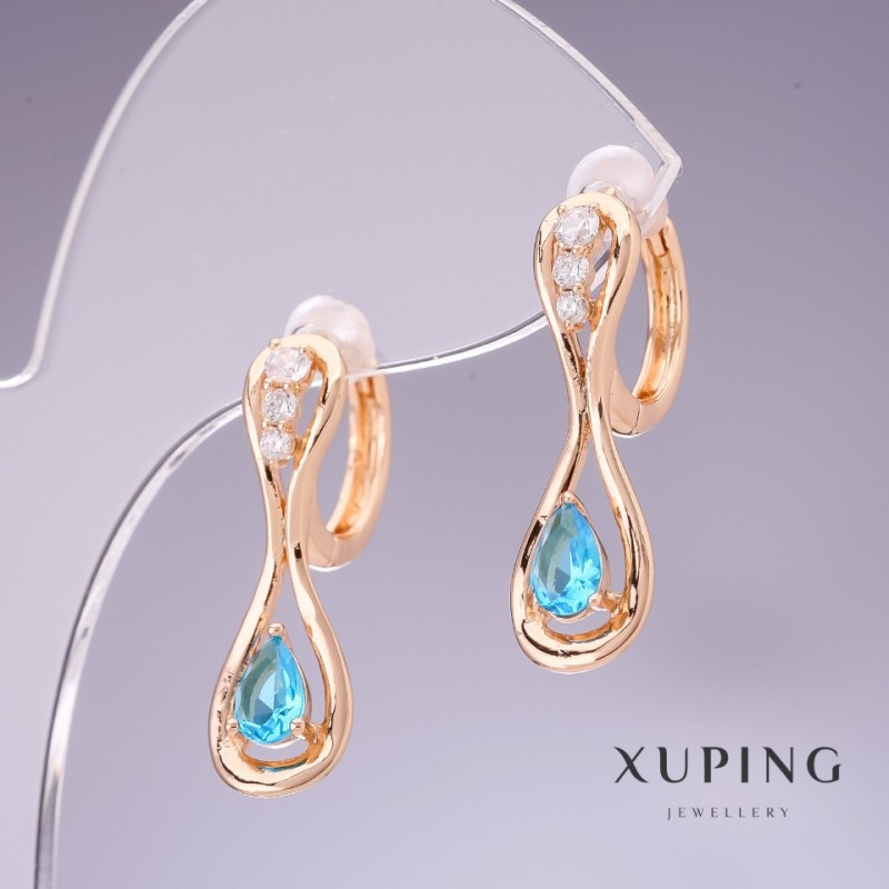 Xuping Earrings with Blue Zircons "Topaz" 26x8mm, 18K Gold Plated