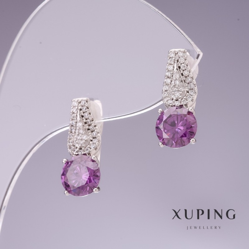 Xuping Earrings with Purple Zircons 17x7mm Rhodium Plated