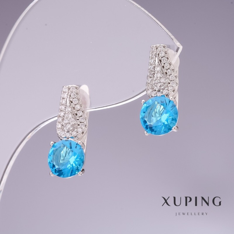 Xuping Earrings with Blue Topaz Zircons 17x8mm Rhodium Plated