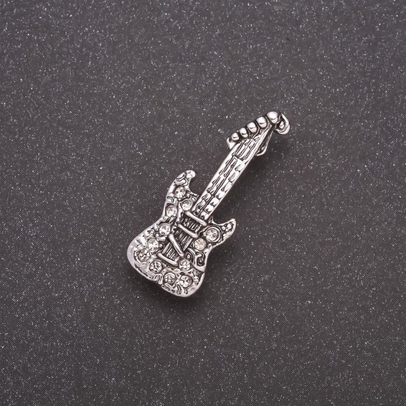Mini Guitar Rhinestone Brooch, Gray Metal 28x10mm