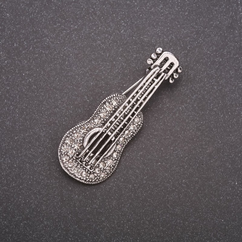 Guitar Rhinestone Brooch, Gray Metal 50x19mm