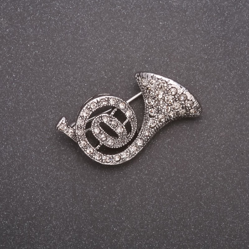 Trumpet Rhinestone Brooch, Gray Metal 30x20mm