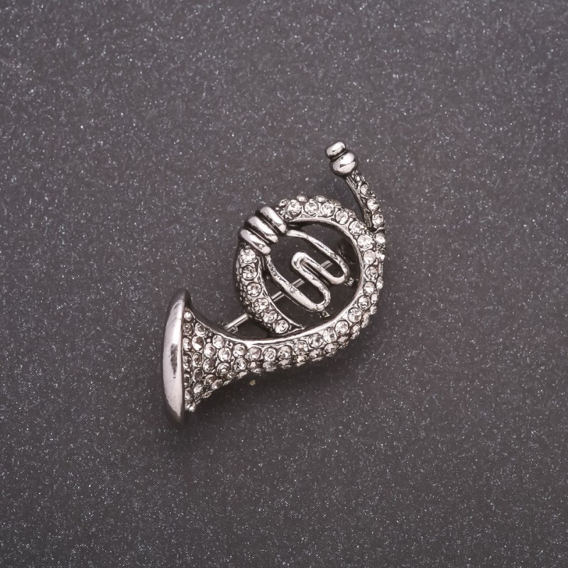Bugle Horn Brooch with Rhinestones, Gray Metal, 35x20mm