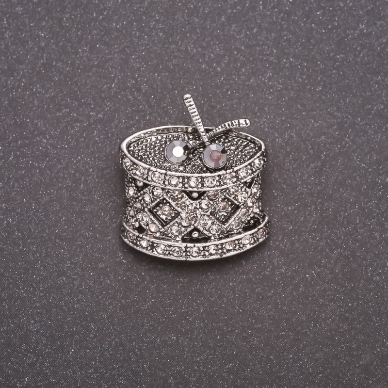 Drum Brooch with Rhinestones, Gray Metal, 24x26mm