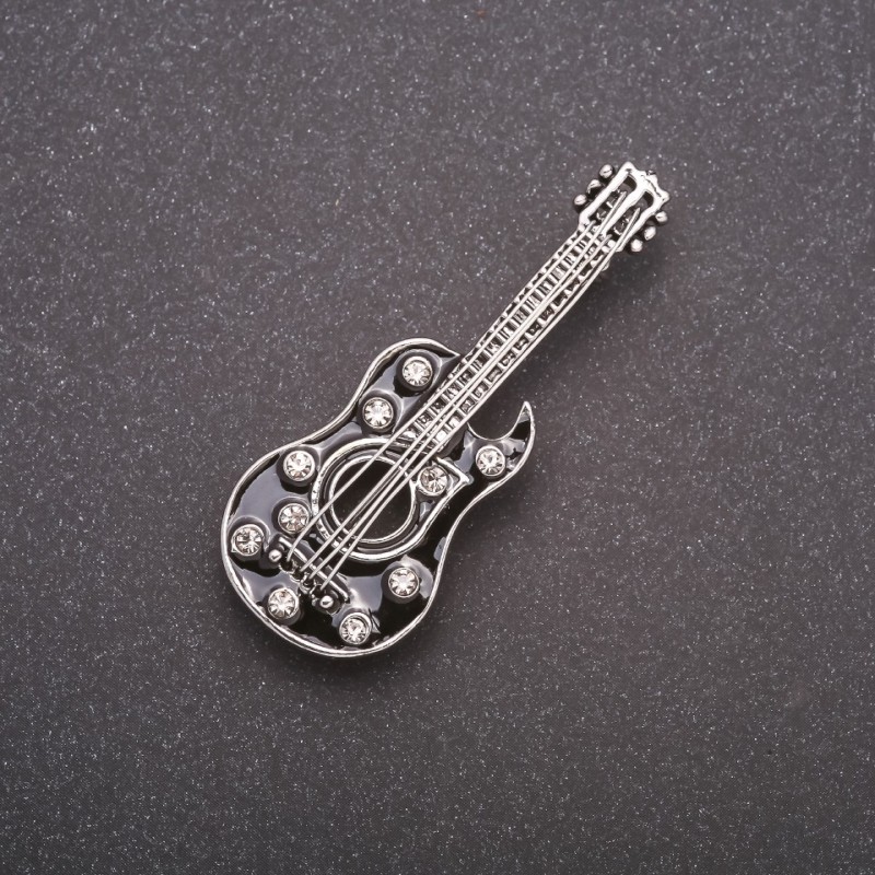 Guitar Brooch with Black Enamel and Gray Rhinestones, Gray Metal, 51x21mm