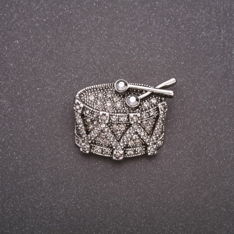 Drum Brooch with Rhinestones, Gray Metal, 32x26mm