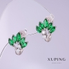 Xuping Earrings with Green Zircons, Fan Design, 12mm Diameter, 15mm Length, Rhodium