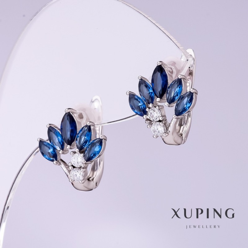 Xuping Earrings with Blue Zircons, Fan Design, 12mm Diameter, 15mm Length, Rhodium