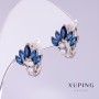 Xuping Earrings with Blue Zircons, Fan Design, 12mm Diameter, 15mm Length, Rhodium