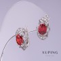 Xuping Earrings with Red Zircons, 10mm Diameter, 17mm Length, Rhodium