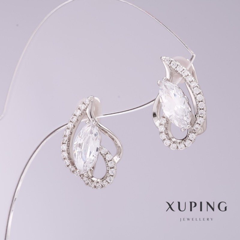 Xuping Earrings with White Zircons, 9mm Diameter, 17mm Length, Rhodium