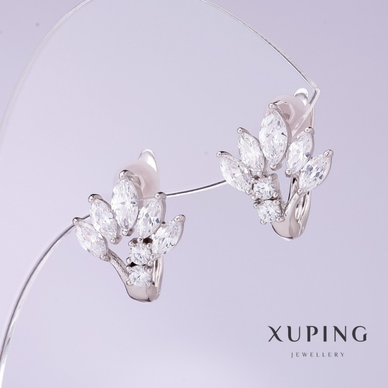 Xuping Earrings with White Zircons, Fan, 12mm Diameter, 15mm Length, Rhodium