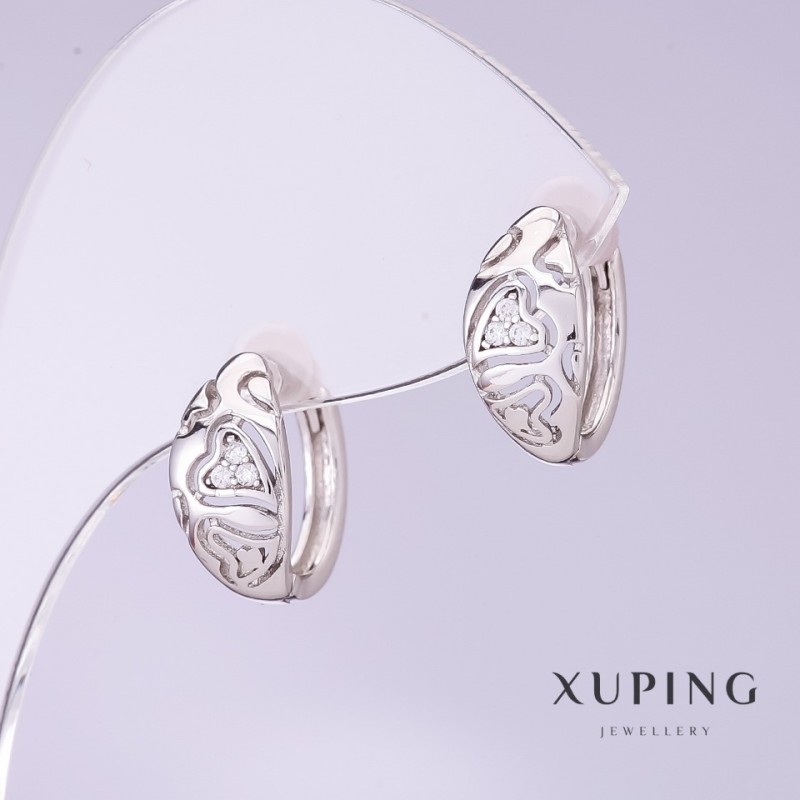 Xuping Carved Heart Earrings, 7mm Diameter, 15mm Length, Rhodium