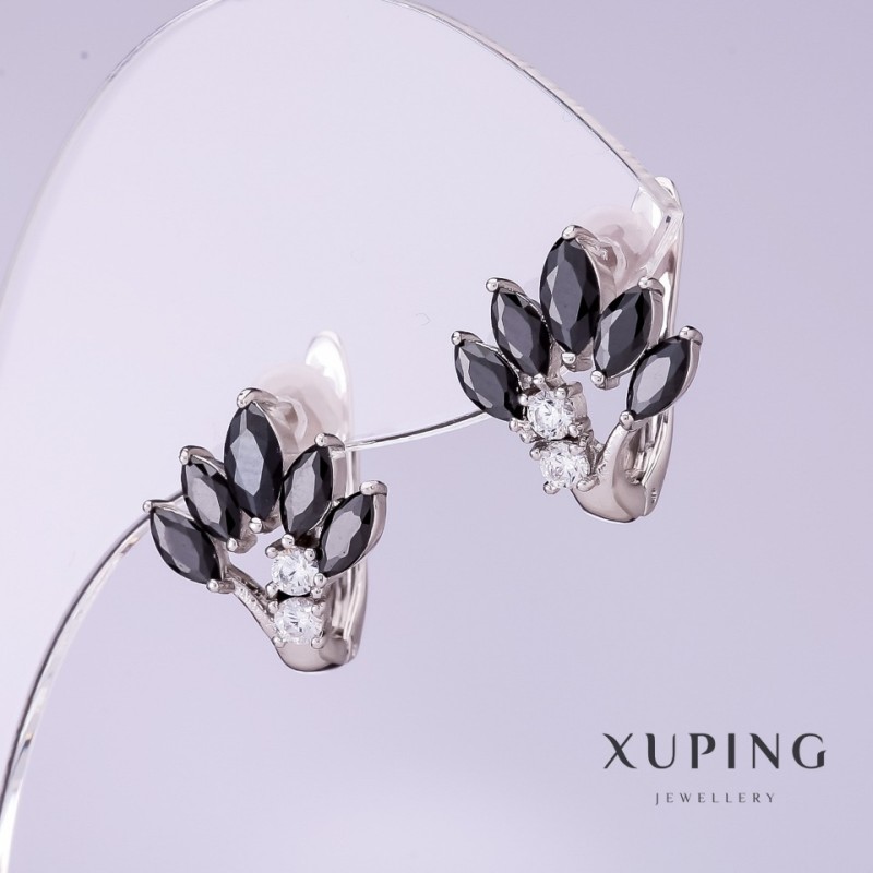 Xuping Earrings with Black Zircons, Fan, 12mm Diameter, 15mm Length, Rhodium