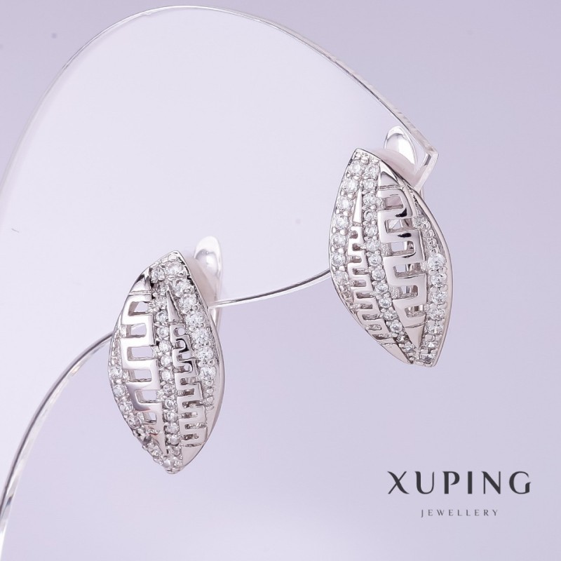 Xuping Earrings with White Rhinestones, 10mm Diameter, 18mm Length, Rhodium