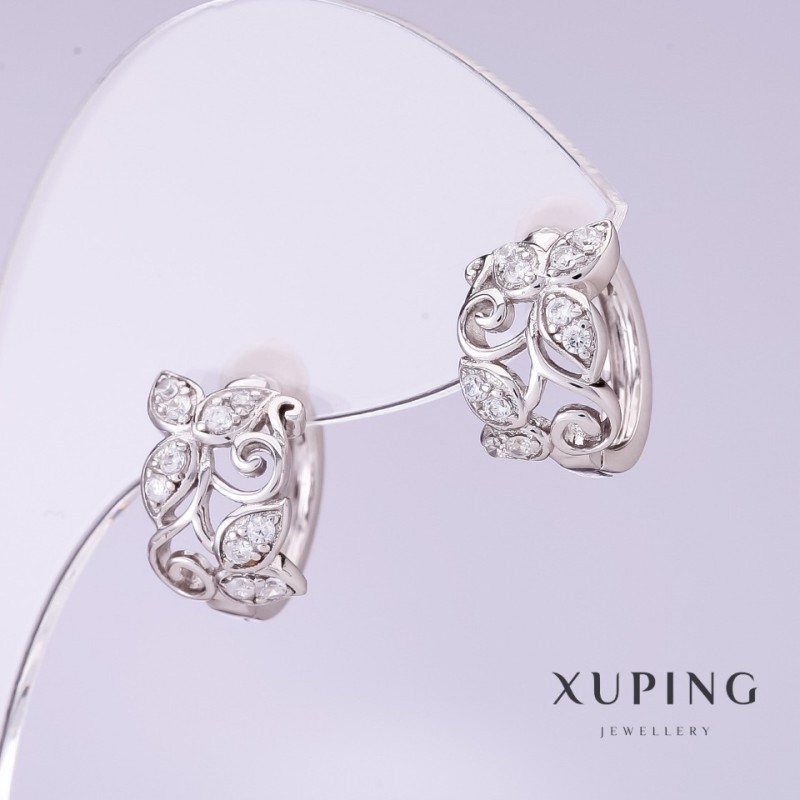 Xuping Earrings with White Rhinestones, 8mm Diameter, 12mm Length, Rhodium