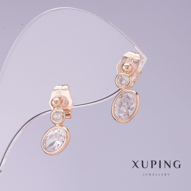Xuping Earrings with White Zircons, 6mm Diameter, 14mm Length, 18K Gold Plated