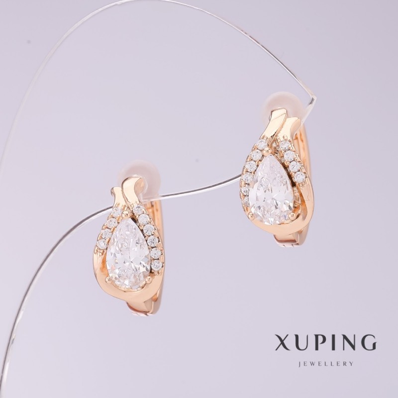 Xuping Earrings with White Zircons, 8mm Diameter, 16mm Length, 18K Gold Plated