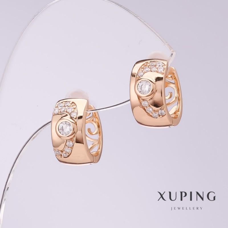 Xuping Earrings with White Rhinestones, 7mm Diameter, 14mm Length, 18K Gold Plated