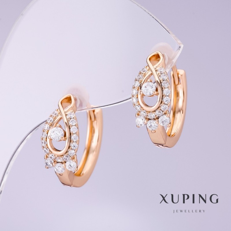 Xuping Earrings with White Zircons, 7mm Diameter, 18mm Length, 18K Gold Plated