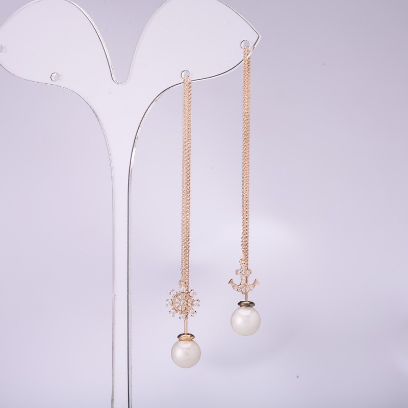 Long Asymmetric Stud Earrings 925 Series 'Sea', 8mm Thickness, 107-135mm Length, Gold Plated