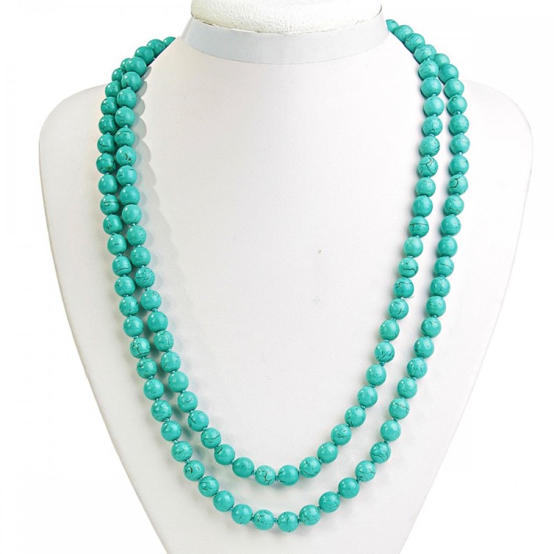 Green Turquoise Necklace with Veining, Round Beads 8mm, Length 118cm