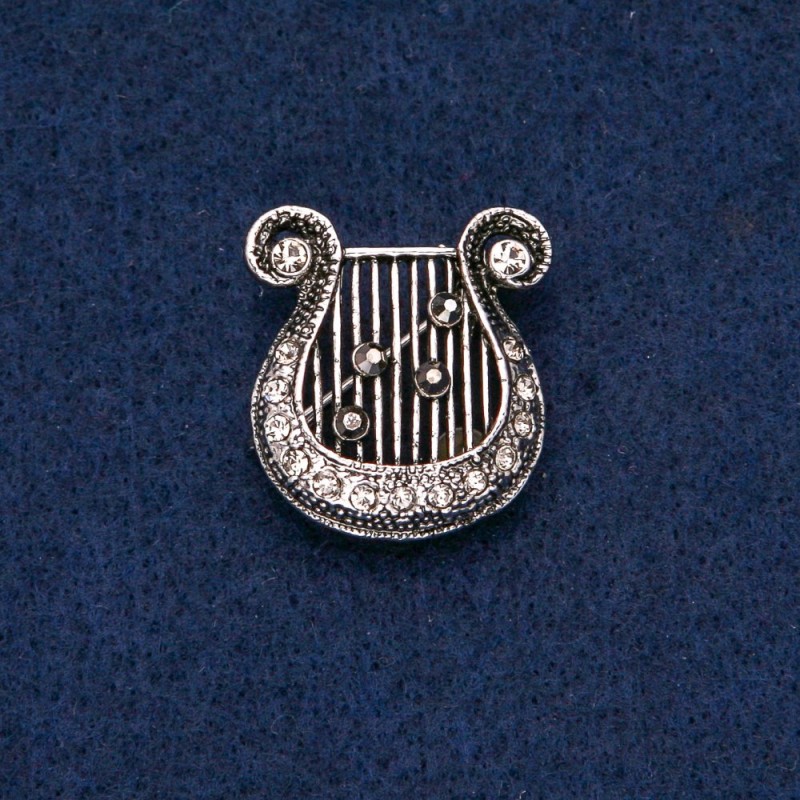Lyre Brooch 25x23mm with Dark Rhinestones, Dark Metal