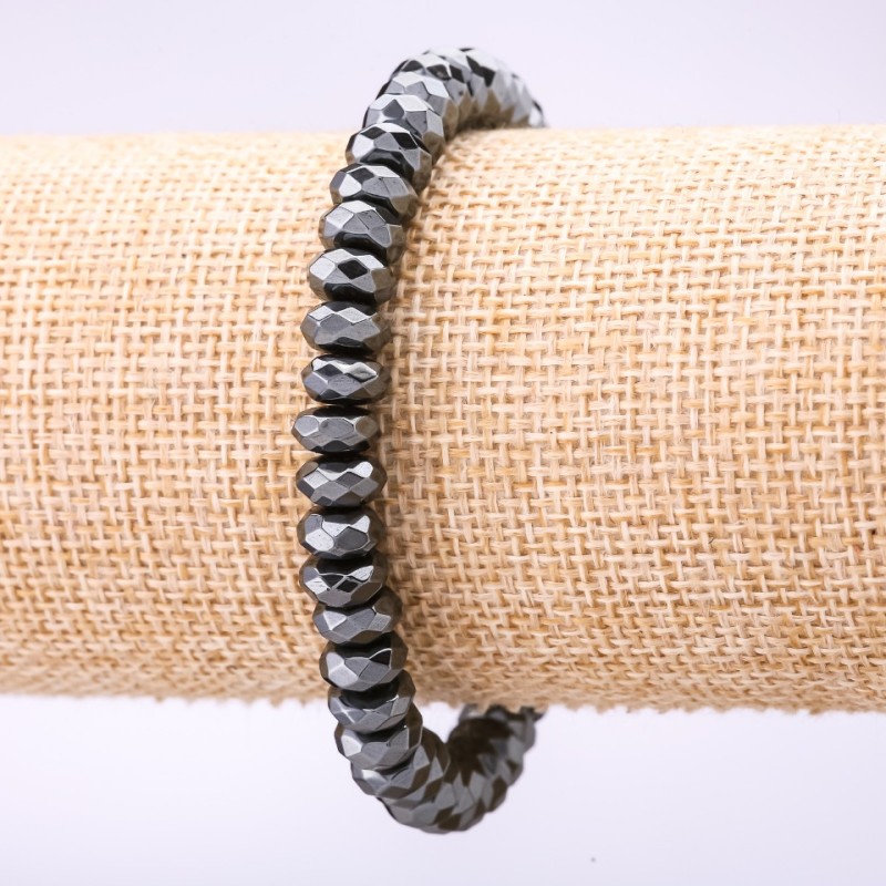 Hematite Bracelet, faceted rondelle, 8x4mm diameter, 18cm length, on elastic
