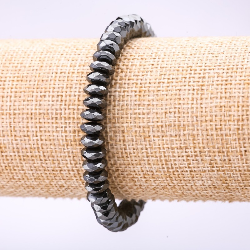 Hematite Bracelet, faceted rondelle, 8x3.5mm diameter, 18cm length, on elastic