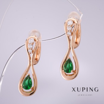 Xuping Earrings with Green Stones 25x8mm, 18K Gold Plated