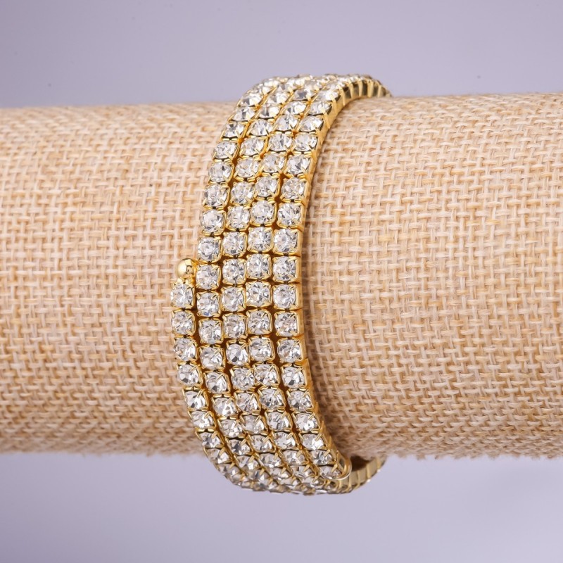 Rhinestone Memory Wire Bracelet, Four Coils, White Rhinestones, 4mm, Yellow Metal